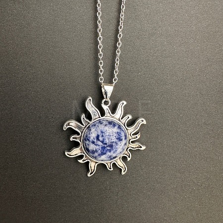 Natural Blue Spot Jasper Sun Pendant Alloy Chain Vintage Necklaces WB3716-18-1