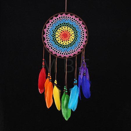 Indian Style Woven Net/Web with Feather Pendant Decoration HJEW-PW0001-042-1