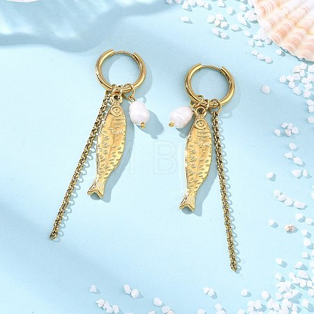 Natural Cultured Freshwater Pearl & 304 Stainless Steel Fish Charm Dangle Earrings for Women EJEW-JE07142-1