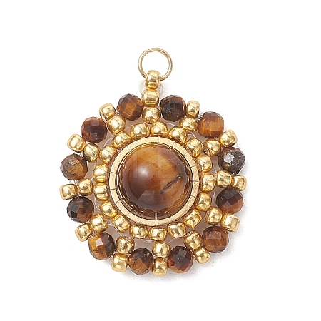 Natural Tiger Eye Faceted Round & Gold Glass Seed Beaded Pendants PALLOY-MZ01323-01-1