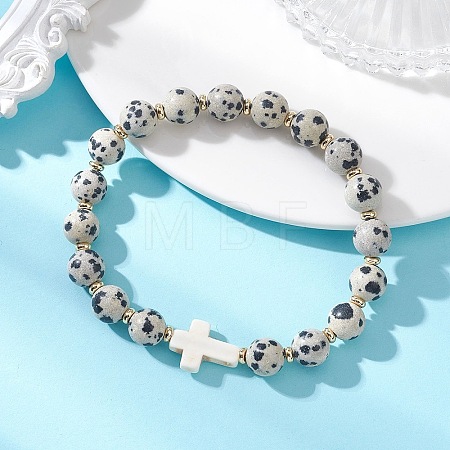 Round Natural Dalmatian Jasper Stone Beaded Stretch Bracelets BJEW-JB13450-1