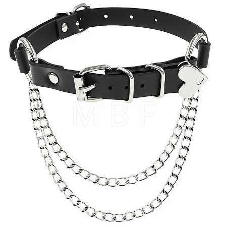 1Pc PU Leather with Heart Alloy Link Chain Tassel Choker Necklaces for Women NJEW-CL0001-33-1