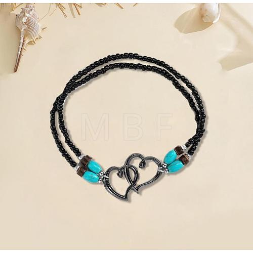 Glass Seed Beads & Alloy Heart Link Anklets WGBE152-12-1