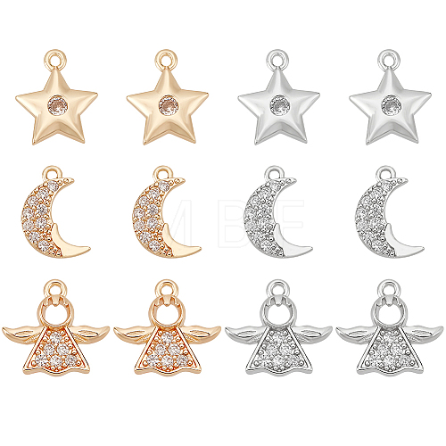 12Pcs 6 Style Rack Plating Brass Micro Pave Clear Cubic Zirconia Charms KK-BC0009-92-1