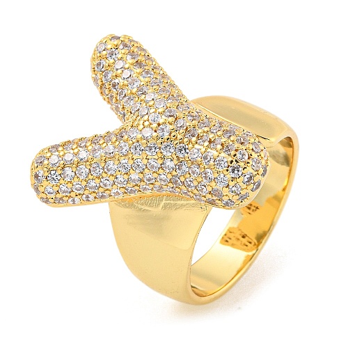 Brass Micro Pave Clear Cubic Zirconia Letter Open Cuff Ring for Women RJEW-M173-01G-Y-1