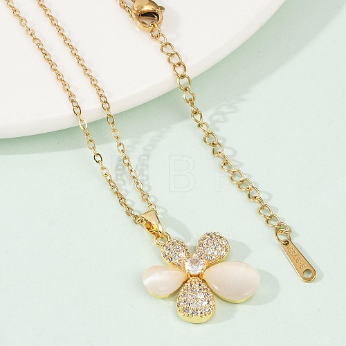 Flower Brass Micro Pave Cubic Zirconia Pendant Neckalces for Women NJEW-C076-05G-1