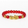 Golden Plated Alloy Pi Xiu 8MM Natural Carnelian(Dyed & Heated) Six Word Mantra Round Beaded Stretch Bracelet for Men QJ0349-8-1