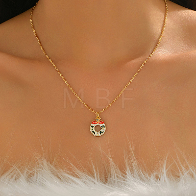 Cute Cartoon Brass Red White Green Emamel Christmas Wreath Pendant Necklaces for Holiday Festive Wear GL3657-1