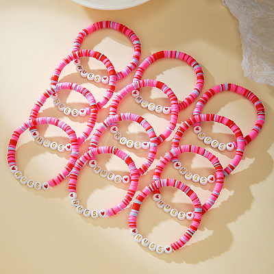 12Pcs Valentine's Day Polymer Clay & Acrylic Beaded Stretch Bracelets Set for Women FS-WG6B295-03-1