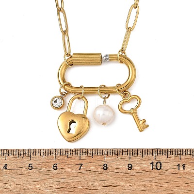 304 Stainless Steel Key & Lock Pendant Paperclip Chain Necklaces with Natural Freshwater Pearl and Screw Clasps NJEW-JN06493-1