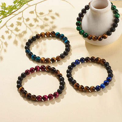 4Pcs 4 Colors Natural Tiger Eye & Black Agate(Dyed) Round Beaded Stretch Bracelets Set BJEW-JB08086-1