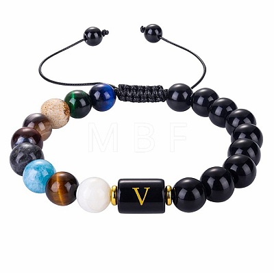 10MM Natural Black Obsidian Alphabet Beaded Braided Bracelets TO2319-22-1