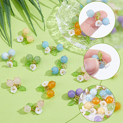 36Pcs 6 Styles Dyed Natural Malaysia Jade & Yellow Jade & Dyed Green Jade & Topaz Jade & White Jade Round Pendants with Resin Flower and Acrylic Leaf HJEW-BM0001-36-1