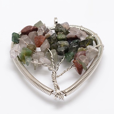 Tree of Life Natural & Synthetic Mixed Stone Bead Brass Wire Wrapped Heart Big Pendants KK-L136-04-NR-1