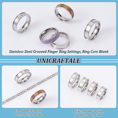 Unicraftale 16Pcs 4 Size 201 Stainless Steel Grooved Finger Ring Settings STAS-UN0051-70-1