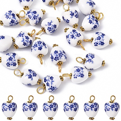 20Pcs Blue & White Floral Printed Porcelain Pendants PALLOY-YW00112-01-1