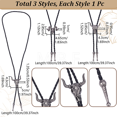 3Pcs 3 Styles Alloy Goat Cattle Bolo Tie Necklaces NJEW-GA0001-10-1