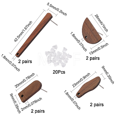 8 Pairs 4 Style Oval & Arch & Half Round Walnut Wood Stud Earring Findings MAK-CA0001-16-1