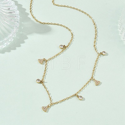 304 Stainless Steel Pave Clear Cubic Zirconia Triangle Tassel Necklaces for Women NJEW-C119-01G-1