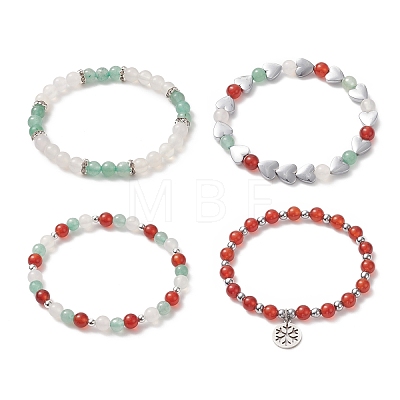 Natural Carnelian(Dyed & Heated) & Green Aventurine & White Agate Beaded Stretch Bracelet Set with Non-magnetic Synthetic Hematite Heart BJEW-JB09182-1