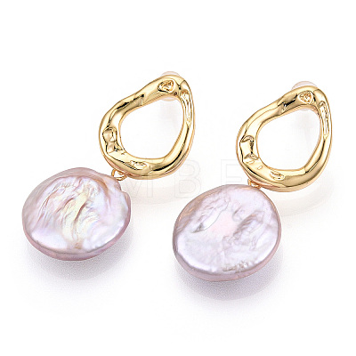 Natural Flat Round Baroque Keshi Pearl Dangle Stud Earrings PEAR-N020-L37-1
