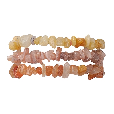 3Pcs Natural Red Aventurine & Natural Sunstone & Natural Topaz Jade Chip Beaded Stretch Bracelet Sets BJEW-JB10867-1