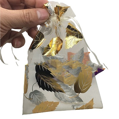 Gold Stamping Leaf Organza Printed Gift Bags with Drawstring PW-WGCD8B4-02-1