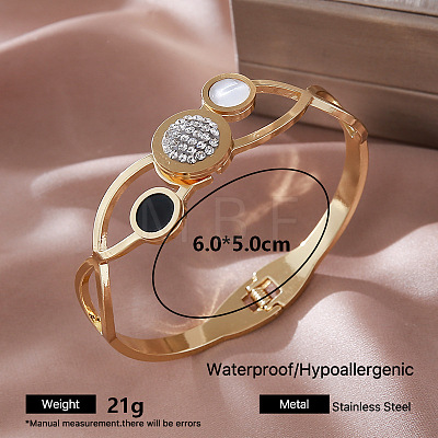 304 Stainless Steel Black Enamel Hinged Cuff Bangles with Crystal Rhinestone and Natural White Shell for Women LW0071-3-1