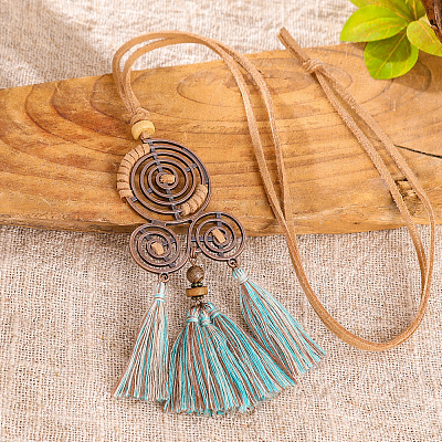 Boho Alloy Spiral and Cotton Tassel Pendant Faux Suede Cord Necklaces WG291DA-04-1