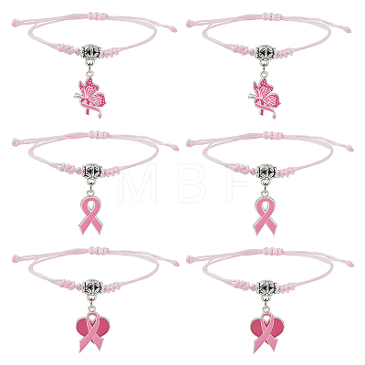6Pcs 3 Styles Adjustable Alloy Enamel Pink Ribbon Charm Nylon Braided Bracelet Sets BJEW-YW00019-1