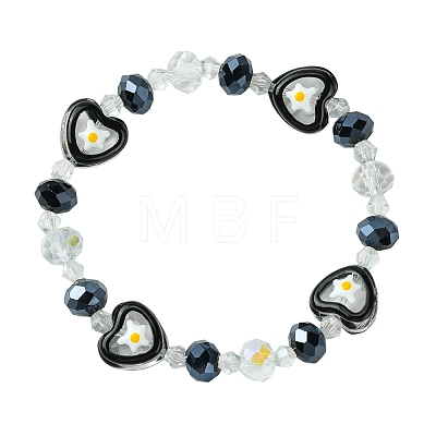 Heart with Flower Glass Beaded Stretch Bracelet BJEW-JB09651-1