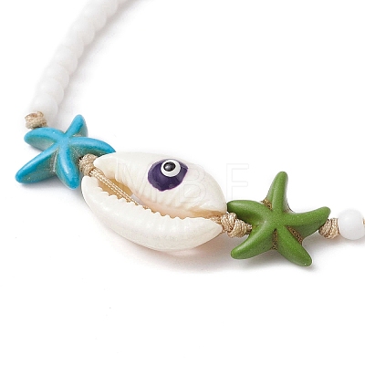 Synthetic Turquoise Starfish & Natural Shell Braided Bead Bracelets BJEW-TA00395-1
