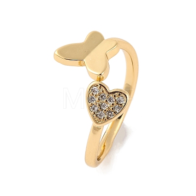 Butterfly & Heart Brass Micro Pave Cubic Zirconia Open Cuff Ring for Women RJEW-U003-02G-1