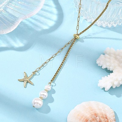 Summer Beach 304 Stainless Steel Starfish Pendant Lariat Necklaces with Shell Pearl NJEW-JN06604-01-1