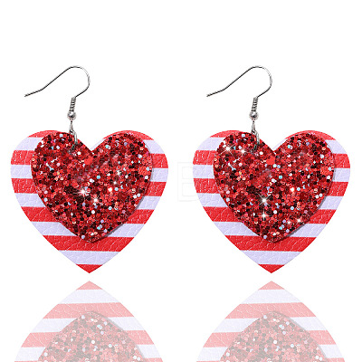 PU Leather Heart with Stripe Dangle Earrings FS-WG76E0F-01-1