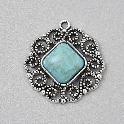 Tibetan Style Alloy Pave Synthetic Turquoise Pendants PALLOY-CJC0025-01AS-F-1