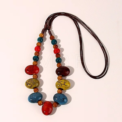 Ethnic Style Oval Porcelain Beaded Bib Necklaces with Imitation Leather Cord FS-WGD6870-02-1