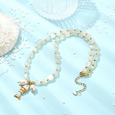 Brass Enamel Fish and Natural Pearl Rice Pendant Natural White Moonstone Nuggets Beaded Necklaces for Women NJEW-JN06357-01-1