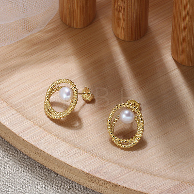 925 Sterling Silver Ring Stud Earrings with Pearl Beaded EJEW-P231-27G-1