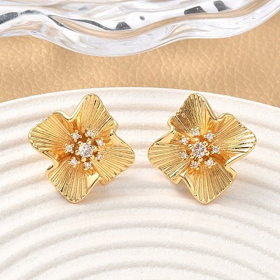 Brass Micro Pave Clear Cubic Zirconia Flower Stud Earrings EJEW-D337-04G-1