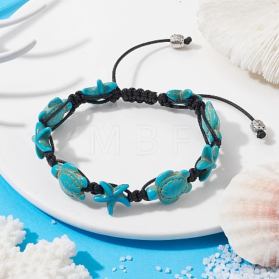 Synthetic Turquoise Starfish & Turtle Braided Bead Bracelet BJEW-TA00388-01-1