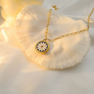 303 Stainless Steel Enamel Flat Round with White Flower Pendant Necklaces for Women FS-WGC7F5D-01-1