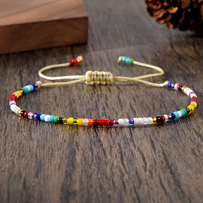 Adjustable Rainbow Glass Seed Beads Braided Bracelets for Women CA5956-1