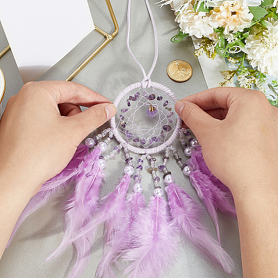 1Pc Natural Gemstone Chips Woven Net/Web with Feather Hanging Ornaments AJEW-CN0005-48B-1