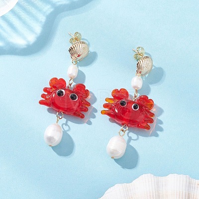 Crab Handmade Lampwork Dangle Stud Earrings EJEW-TA00761-1