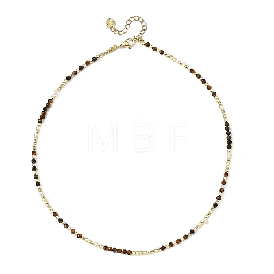Natural Tiger Eye Faceted Round & Round Electroplate Synthetic Non-magnetic Hematite & Natural Pearl Beaded Necklaces NJEW-JN06549-01-1