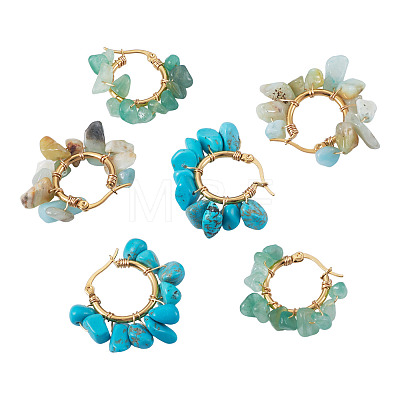 3 Pairs 3 Styles Natural Gemstone Chips Braided Hoop Earrings EJEW-TADJ00004-1