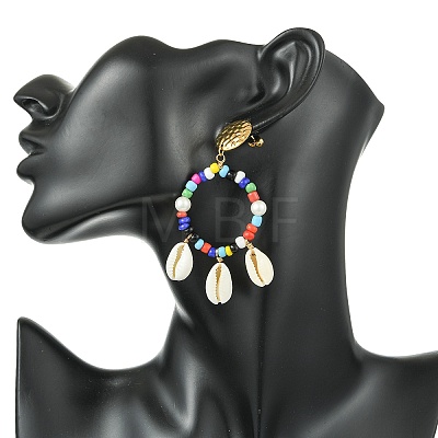 304 Stainless Steel & Natural Cowrie Shell Dangle Stud Earrings for Women EJEW-JE07231-1