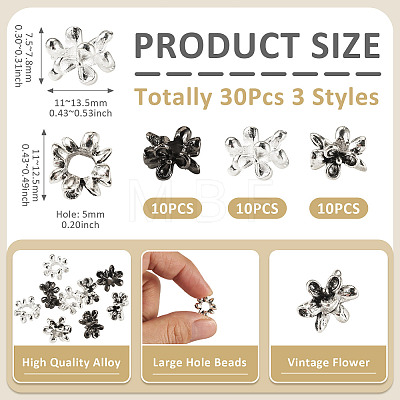 30Pcs 3 Styles Flower Tibetan Style Alloy European Beads FIND-TA0010-83-1