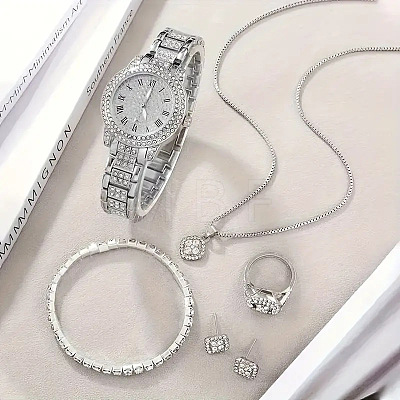 Rhombus Alloy with Crystal Rhinestone Pendant Necklace & Stud Earring & Chain Bracelet & Ring & Watch FS-WGDE407-02-1